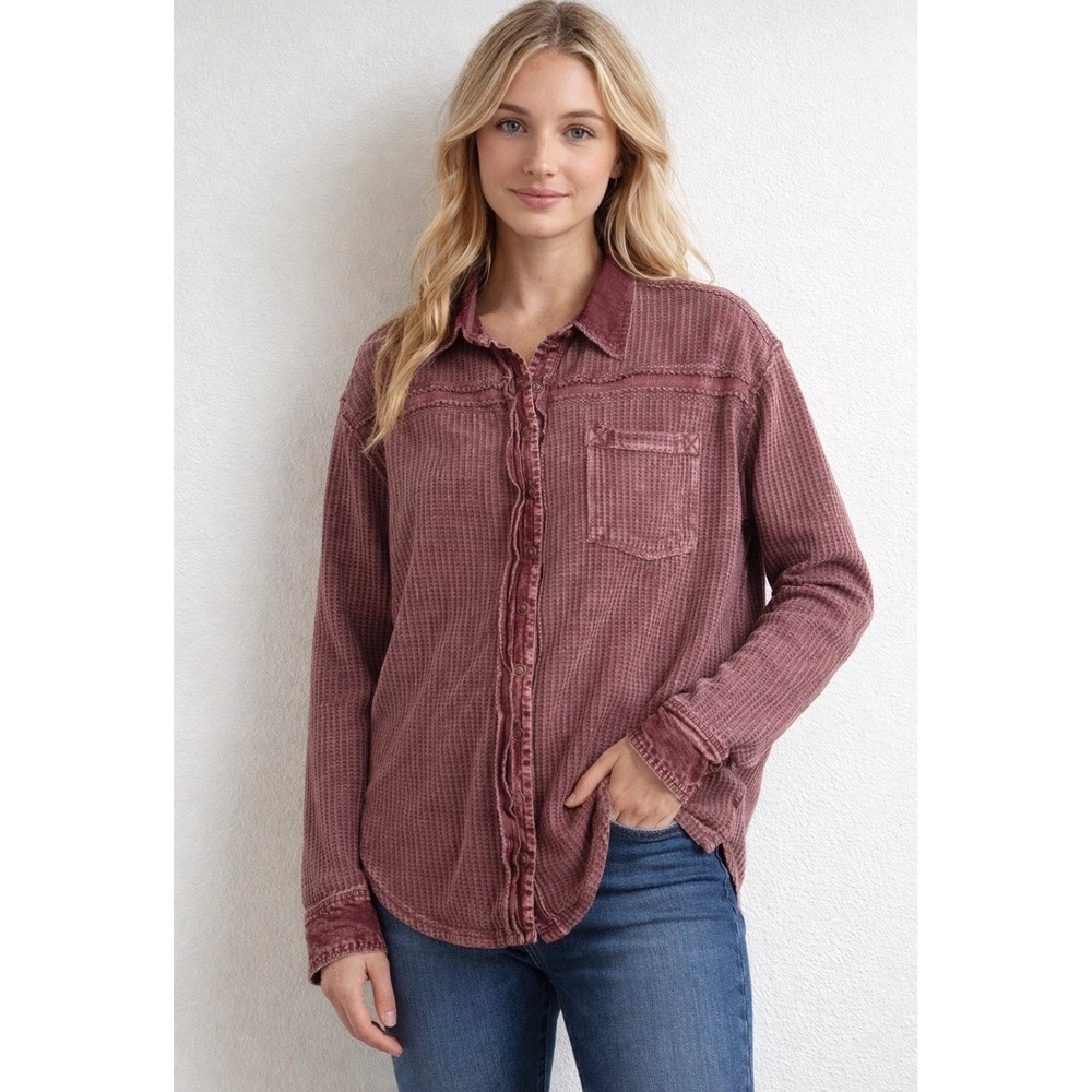 BKE Button Down Shirt Women Small Plum New Waffle‎ Knit Shacket